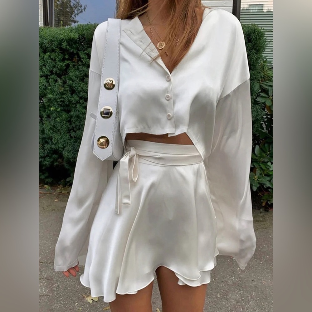Commense Satin Raw Hem Tied Two Piece Skirt Set